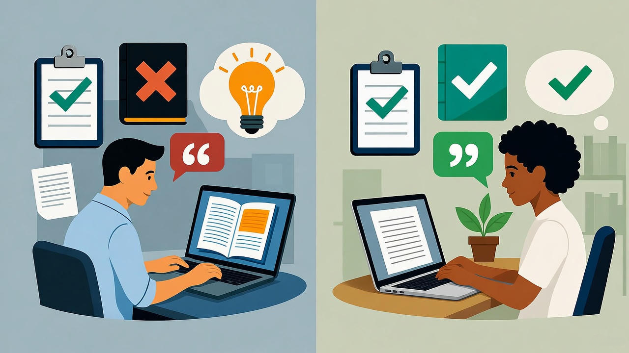 Two people sitting at desks using laptops, symbolizing online learning or remote collaboration. The person on the left has a clipboard with a check mark, a red cross book, a light bulb icon, and speech bubbles around them, representing idea generation and feedback. The person on the right has green check marks, a clipboard, and quotation icons, indicating successful communication and completed tasks. The image highlights teamwork, productivity, and virtual communication in a professional or educational environment.